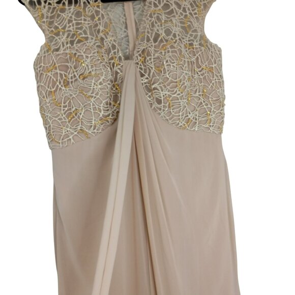 Tadashi Shoji Evening Gown Gold Beaded Lace Cap Sleeves Pleated Front Sz 14 - Picture 5 of 12